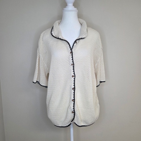 Sand Cloud Sweaters - Sand Cloud Open Knit Cardigan Cream Black Trim Wood Buttons Coastal S/M
